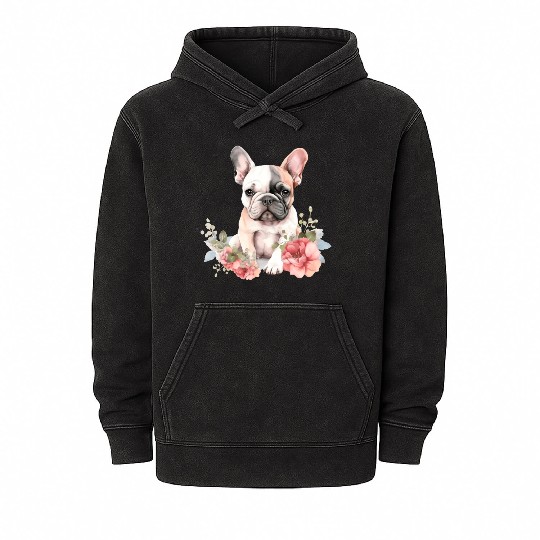 French Bull Dog Watercolor Floral French Bulldog Mineral Wash Hoodies
