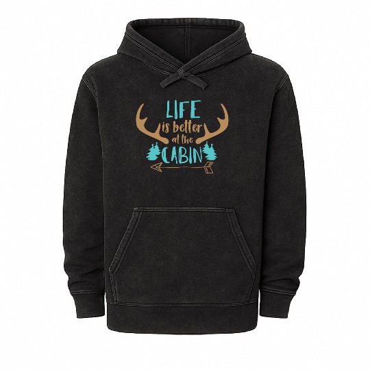 Life Is Better At The Cabin Deer Antlers Camping Mineral Wash Hoodies