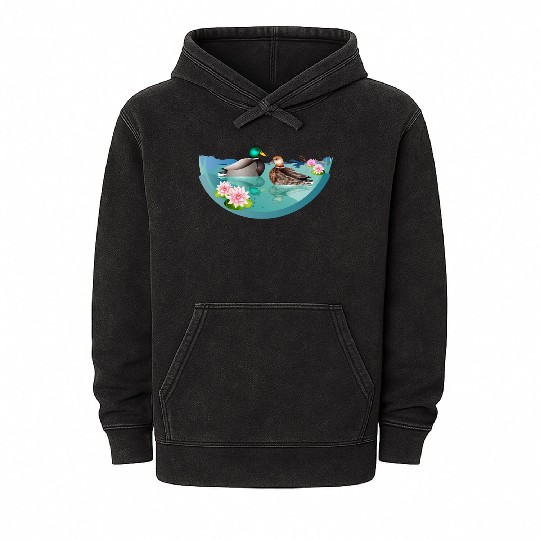 Duck couple in a duck pond with water lilies Mineral Wash Hoodies