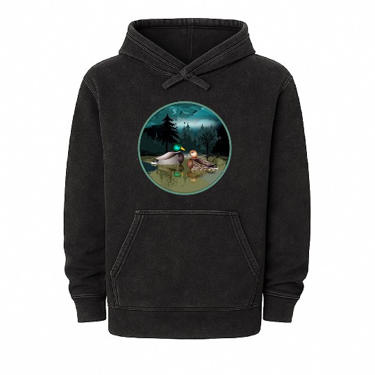 Duck couple in the duck pond at night & moonlight Mineral Wash Hoodies