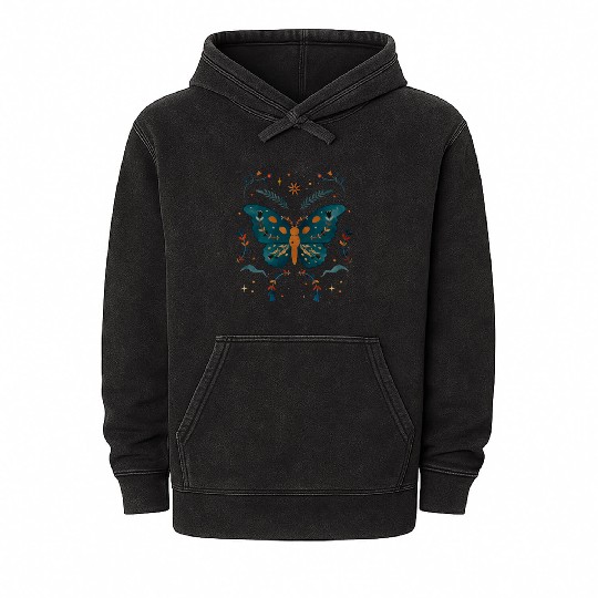 Butterfly Between Flowers Green & Orange design Mineral Wash Hoodies