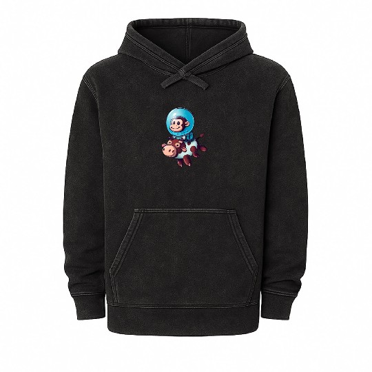 Monkey on Cow Rocket Schuttle Astronaut Cosmonaut Mineral Wash Hoodies