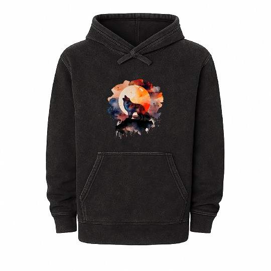 Wolf Howling at Moon Watercolor Mineral Wash Hoodies