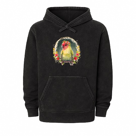 Green Peach Faced Lovebird Parrot Flower Crown Pet Mineral Wash Hoodies