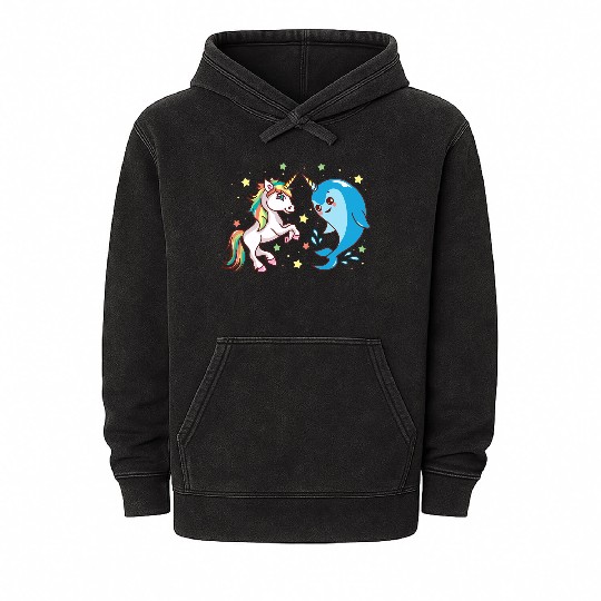 Cute Funny Horned Narwhal And Unicorn Friends Mineral Wash Hoodies