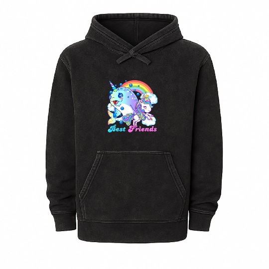 Cute Horned Narwhal And Unicorn Best Friends Mineral Wash Hoodies