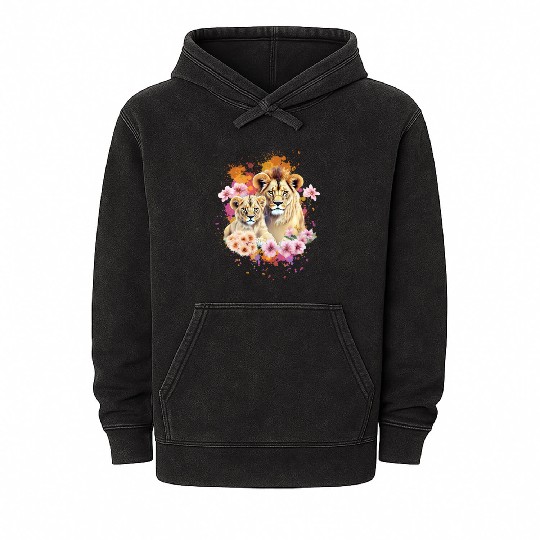 Lion Mom & Son Cubs with Flower Watercolor Mineral Wash Hoodies