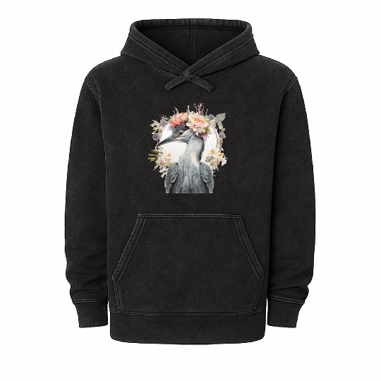 Watercolor Heron Freshwater Bird Flower Crown Flor Mineral Wash Hoodies