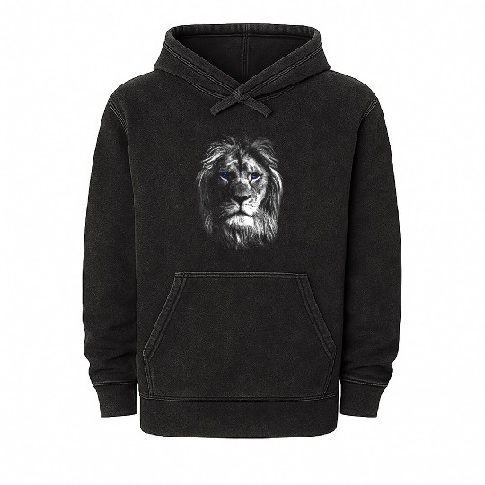 Black White Art Lion Head With Blue Eyes Mineral Wash Hoodies