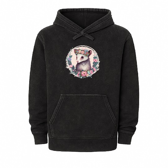 Cute Possum Flower Crown Floral Watercolor Mineral Wash Hoodies