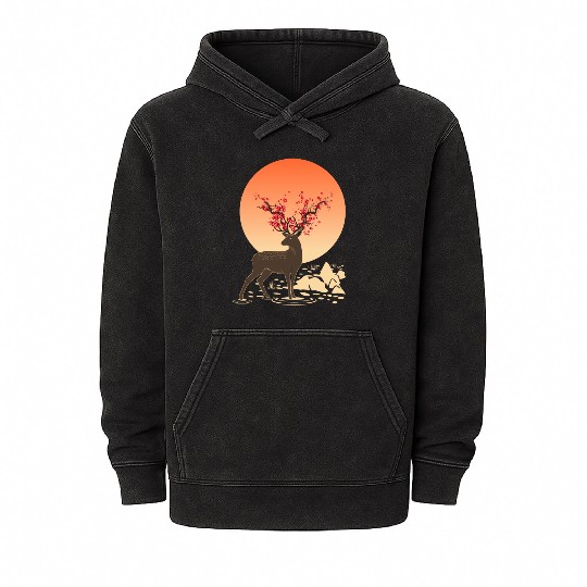 Sakura Deer Spirit Sika Deer Spirit Oriental Mineral Wash Hoodies