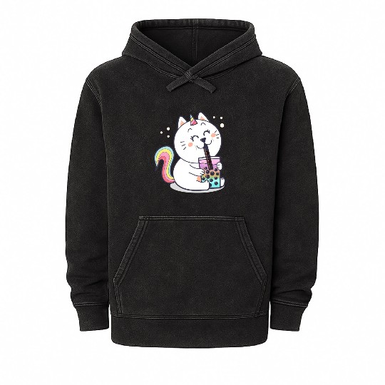 Bubble Tea Cute Kawaii Unicorn Cat Japanese Mineral Wash Hoodies