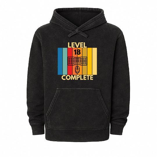 Gamer 18th Birthday Gift - Level 18 Completed Mineral Wash Hoodies