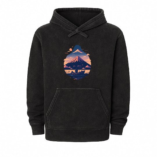 Serene Mount Fuji Sunset Peaceful River Scenery Mineral Wash Hoodies