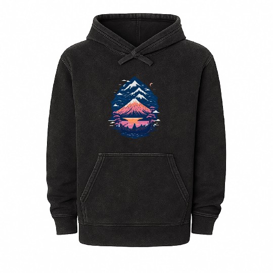 Serene Mount Fuji Sunset Peaceful River Scenery Mineral Wash Hoodies