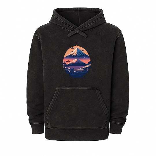 Serene Mount Fuji Sunset Peaceful River Scenery Mineral Wash Hoodies
