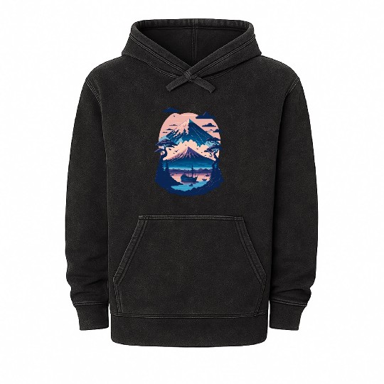 Serene Mount Fuji Sunset Peaceful River Scenery Mineral Wash Hoodies