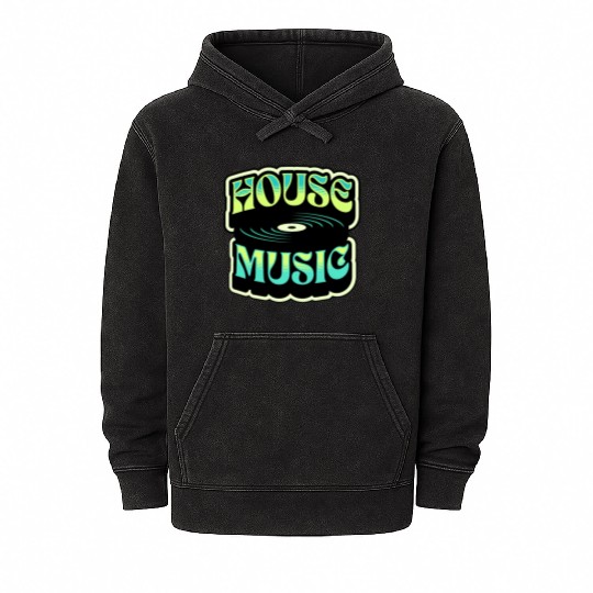 HOUSE MUSIC - Groovy Vinyl (teal/lime) Mineral Wash Hoodies