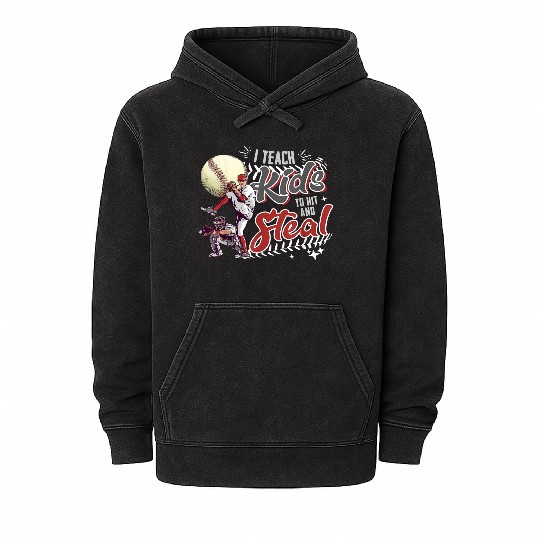 I Teach Kids To Hit And Steal Baseball Catcher Mineral Wash Hoodies