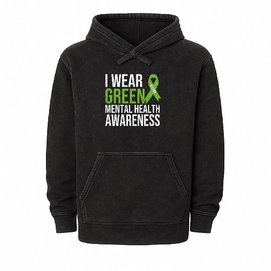 Green Ribbon Mental Health & Depression Awareness Mineral Wash Hoodies