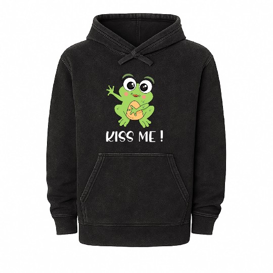 Cartoon Kids Frog I Kiss Me Frog Motif 1 Mineral Wash Hoodies