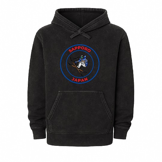 Retro Cool Skiing in Sapporo Japan Mineral Wash Hoodies