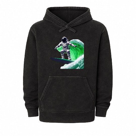 Green waves surfing astronaut Mineral Wash Hoodies
