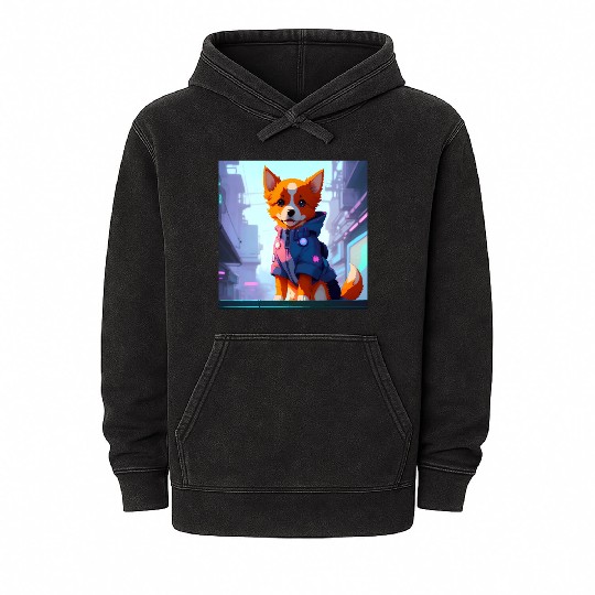 Cute Cyberpunk Dog Mineral Wash Hoodies