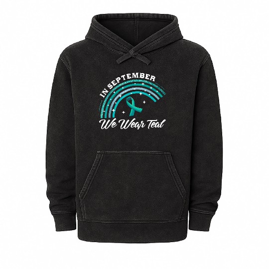 In September We Wear Teal Rainbow Pcos Awareness Mineral Wash Hoodies