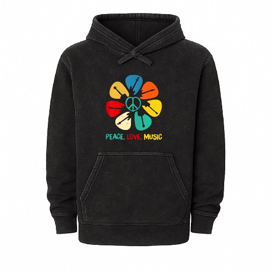 Peace Love Music Guitar Flower Rock And Roll Mineral Wash Hoodies