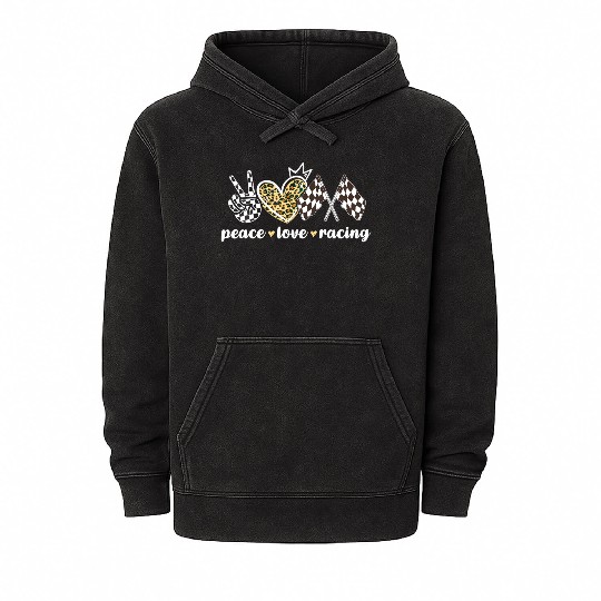 Peace Love Racing Leopard Print V Sign Heart Flag Mineral Wash Hoodies
