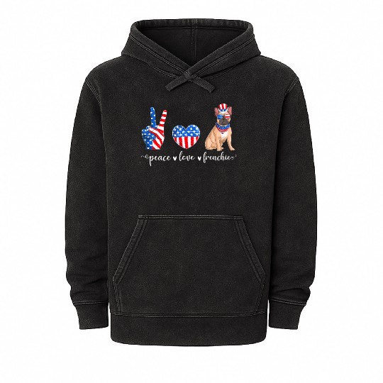 Peace Love Frenchie Patriotic US Flag 4th July Mineral Wash Hoodies