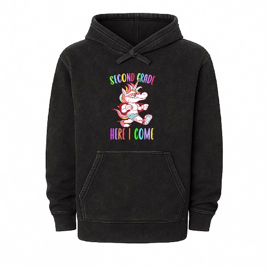 Second Grade Here I Come Unicorn Rainbow Back to S Mineral Wash Hoodies