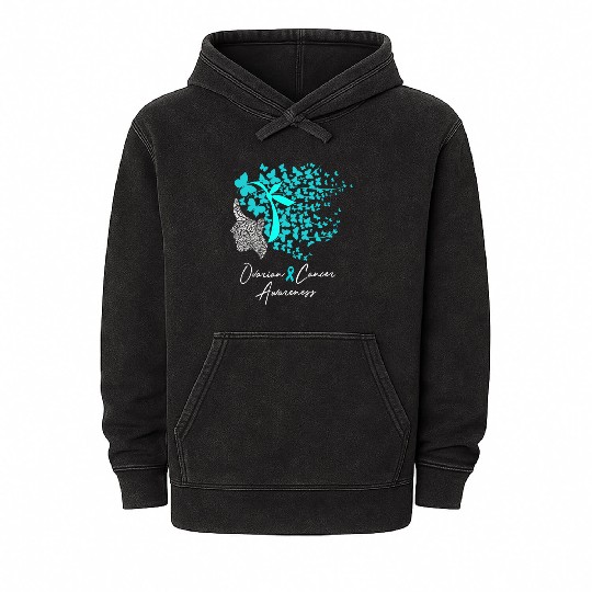 Ovarian Cancer Awareness Teal Butterflies Mineral Wash Hoodies