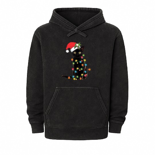 Black Cat Santa Tangled Up In Lights Mineral Wash Hoodies