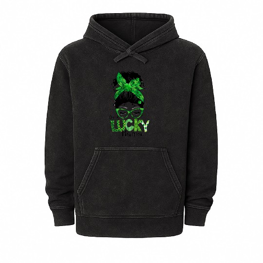 Lucky Mama Messy Bun Leopard Shamrock St Mineral Wash Hoodies