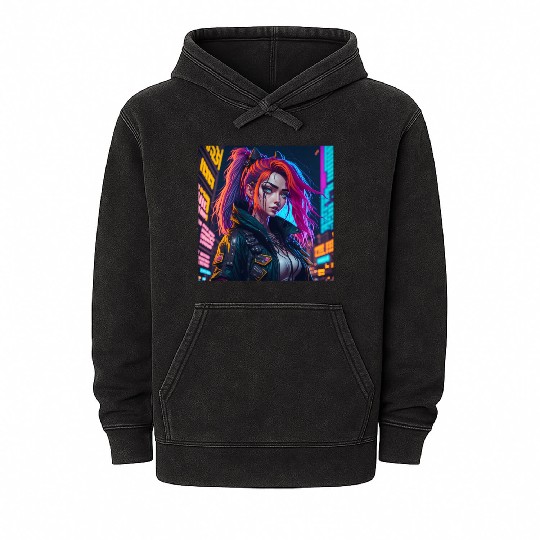 Cyberpunk Anime Girl Mineral Wash Hoodies