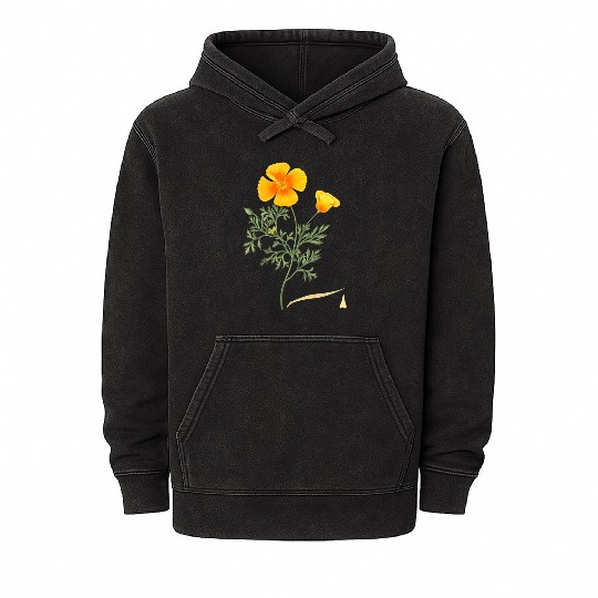 Californian Poppy Botaal Illustration Flower Mineral Wash Hoodies