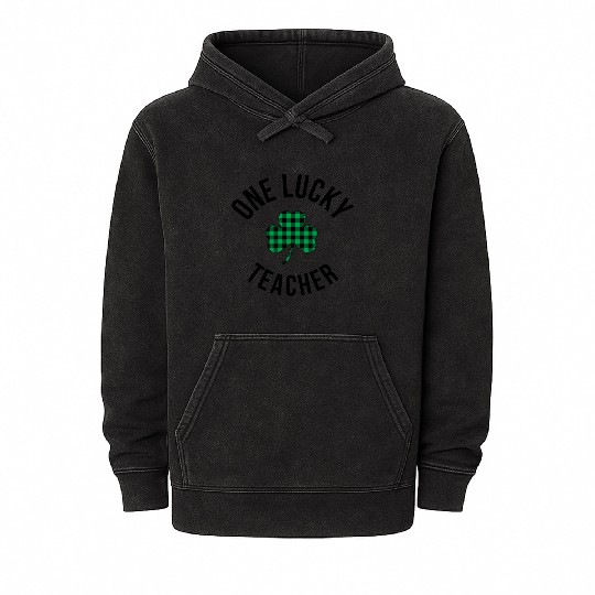 One Lucky Teacher Buffalo Plaid Green Shamrock Mineral Wash Hoodies