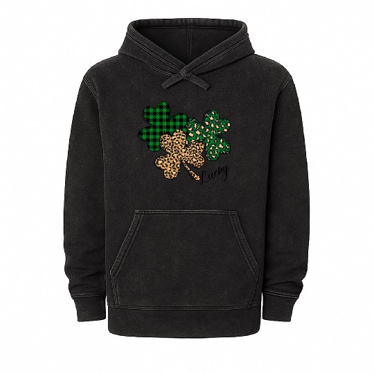 Lucky Leopard Shamrock St Patric Day Mineral Wash Hoodies