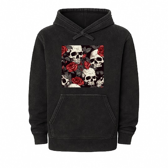 Dark Pattern Skulls & Red Roses Elegant Gothic Mineral Wash Hoodies