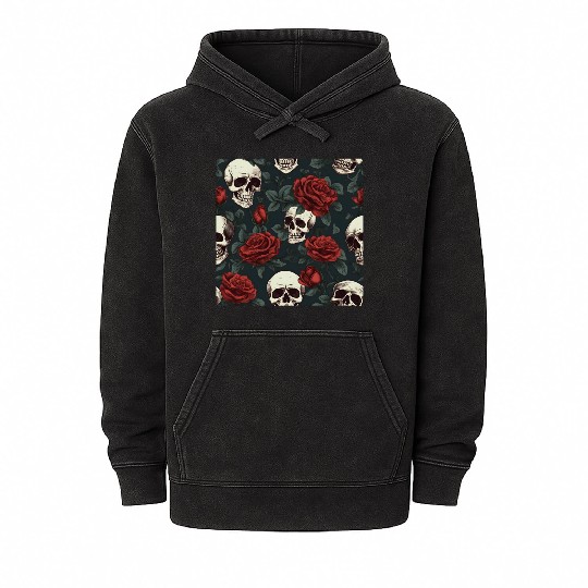 Dark Elegant Gothic Pattern Skulls & Red Roses Mineral Wash Hoodies