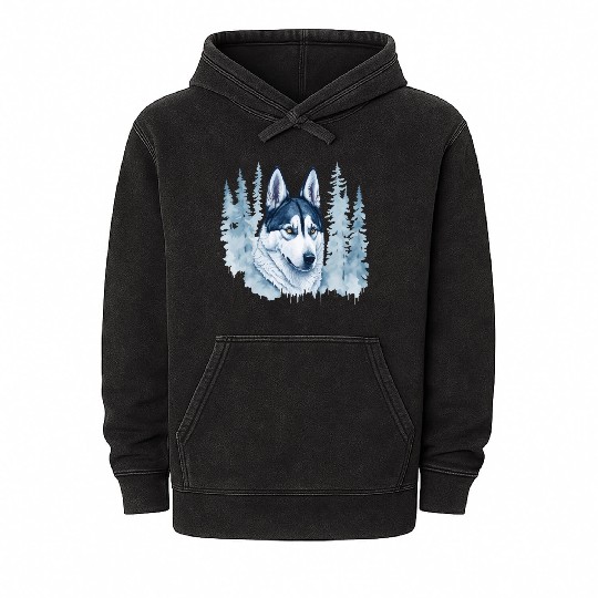 Siberian Husky With A Winter Forest Mineral Wash Hoodies