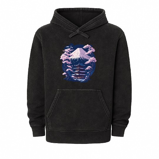 Mount Fuji and a Temple With Cherry Blossoms Mineral Wash Hoodies