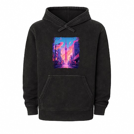 Vaporwave Aesthetic Japanese Skytree Tokyo Sight Mineral Wash Hoodies