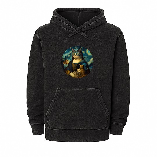 Mona Lisa With Cats Starry Night Van Gogh Painting Mineral Wash Hoodies