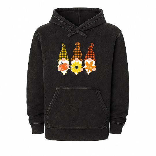 Hello Fall Autumn Plaid Gnomes Leave Pumpkin Mineral Wash Hoodies