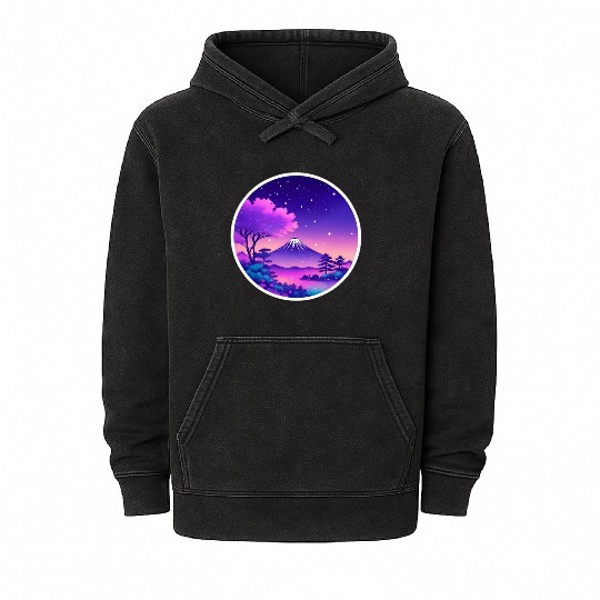 Japan Mount Fuji Night Sky Lo-Fi Art Retro Purple Mineral Wash Hoodies