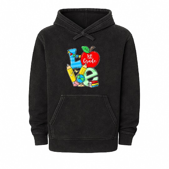 Funny Back To School Apple Love 1st Grade Student Mineral Wash Hoodies