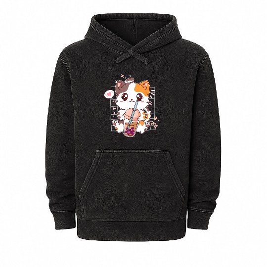 Cat Boba Tea Bubble Tea Kawaii Anime Japanese Mineral Wash Hoodies